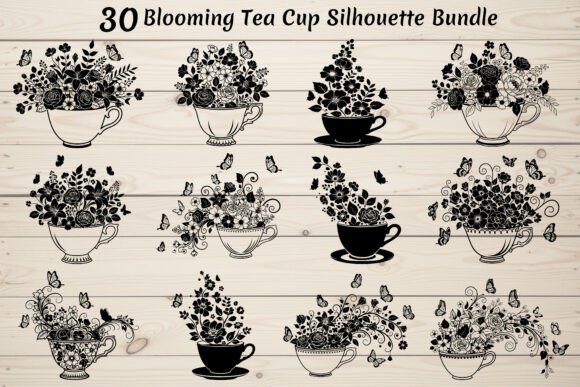 30 Blooming Tea Cup Silhouette Bundle: Graphics for Crafts