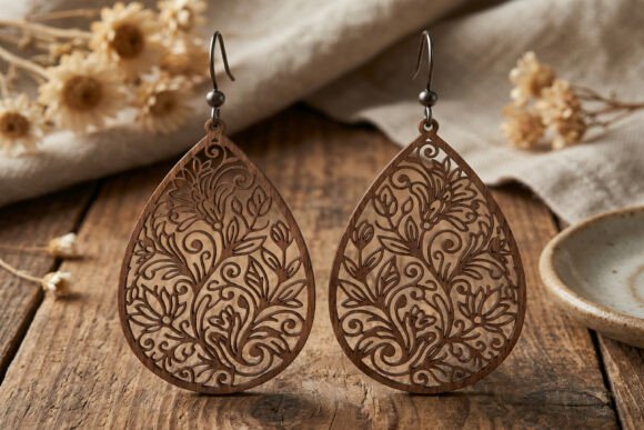 Floral Teardrop Wooden Earrings SVG for Laser Cutting