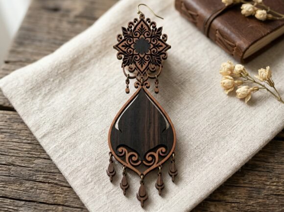 Intricate Wooden Chandelier Earrings: Laser-Cut Design Asset